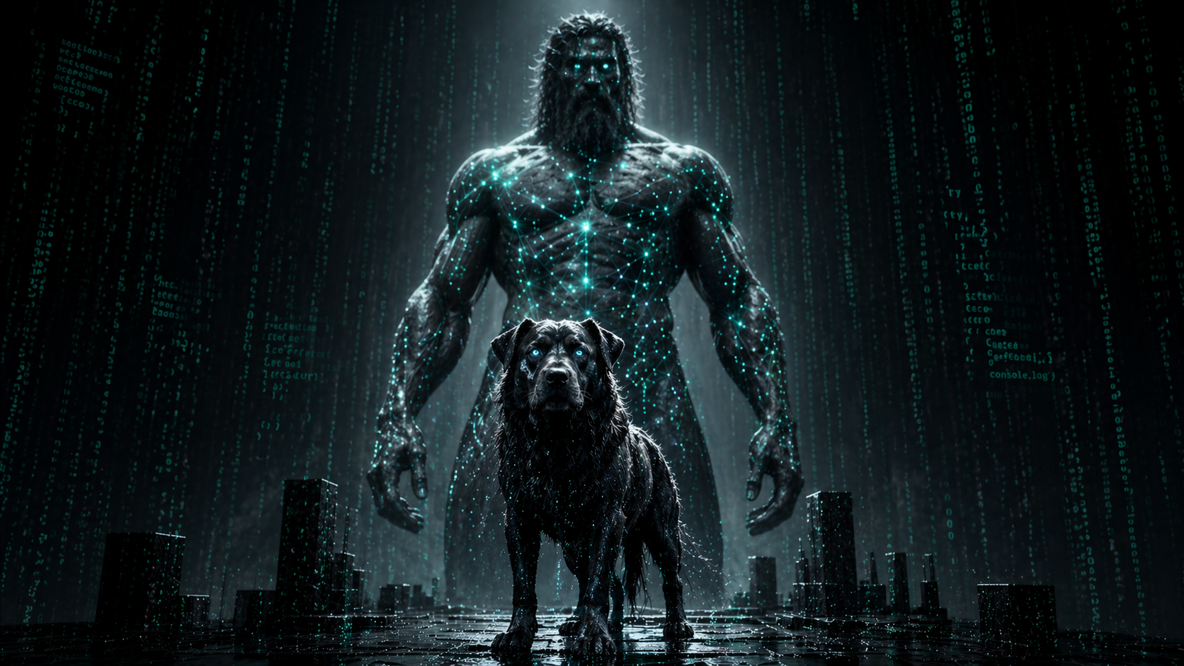 A mythic titan covered in glowing star-points stands tall against a rain of green Matrix-style code, with a faithful black dog at his feet — a visual fusion of Argos Panoptes, the hundred-eyed watcher of Greek myth, and Argos of Ithaca, the dog who recognised Odysseus after twenty years. Together they represent the dual archetypes underlying the ArgosBrain memory engine for AI coding agents: total structural perception and persistent memory across time.